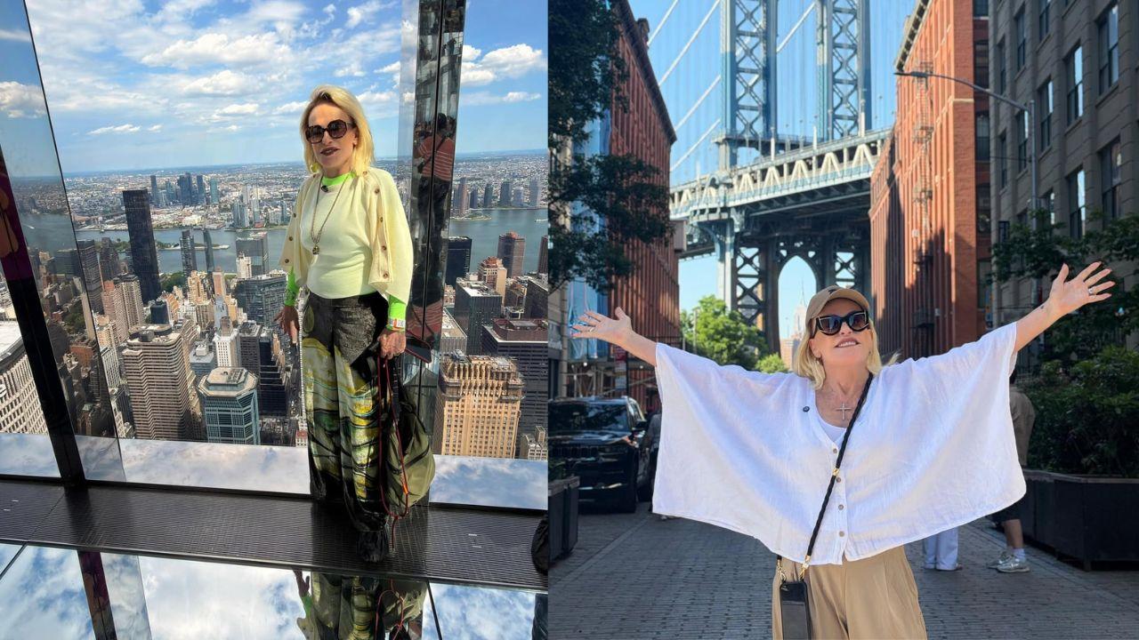 Montagem de duas fotos da apresentadora Ana Maria Braga. Ela está com óculos de sol posando no seu apartamento e em frente a ele.