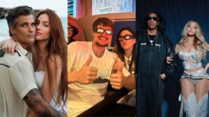 Montagem de três fotos. Casais: Bruno Gagliasso e Giovanna Ewbank, Tatá Werneck e Rafa Vitti e Beyoncé e Jay-Z.