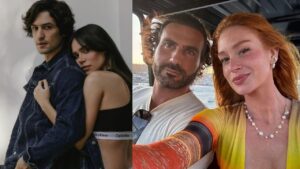Montagem de duas fotos. Gabriel Leone e esposa e Marina Ruy Barbosa e esposo.