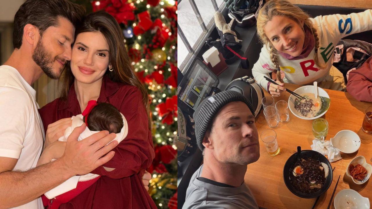 Montagem de duas fotos. Camila Queiroz e Klebber Toledo e Chris Hemsworth e Elsa Pataky.