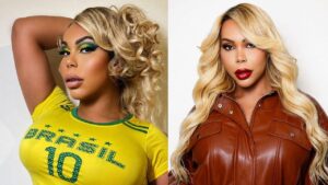Montagem de duas fotos da influenciadora Suellen Carey usando a camiseta da seleção.