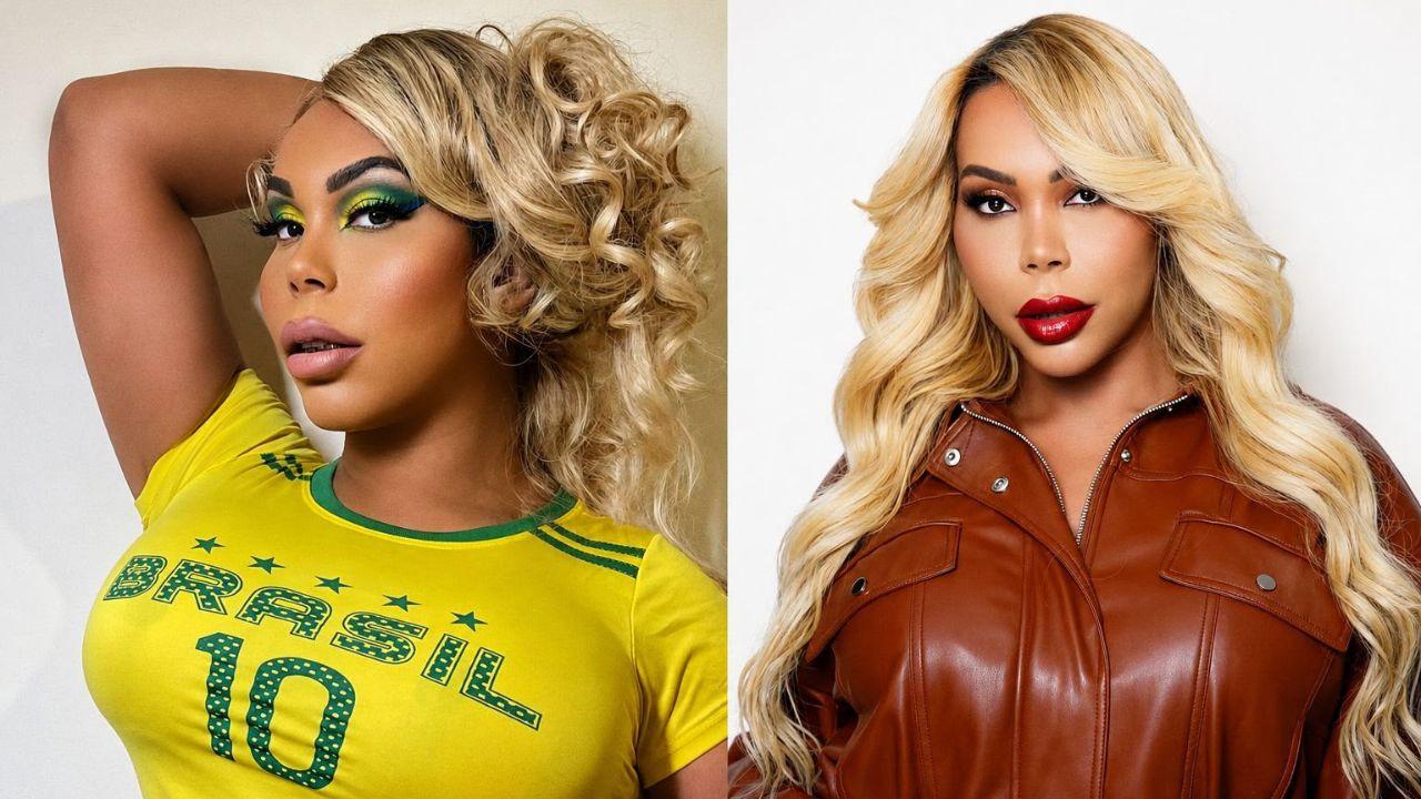 Montagem de duas fotos da influenciadora Suellen Carey usando a camiseta da seleção.
