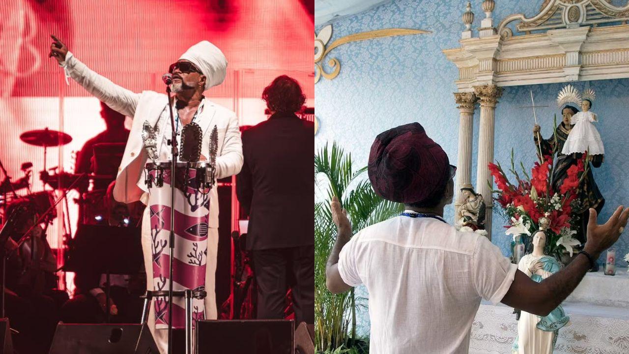 Montagem de duas fotos. Carlinhos Brown no palco e louvando a Santo Antônio.