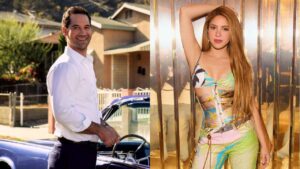 Montagem de duas fotos. Ator Manuel, homem branco, cabelo preto curto, usando camisa branca na frente de um carro. E Shakira, mulher branca, cabelo ruivo liso solto, usando roupas coloridas.