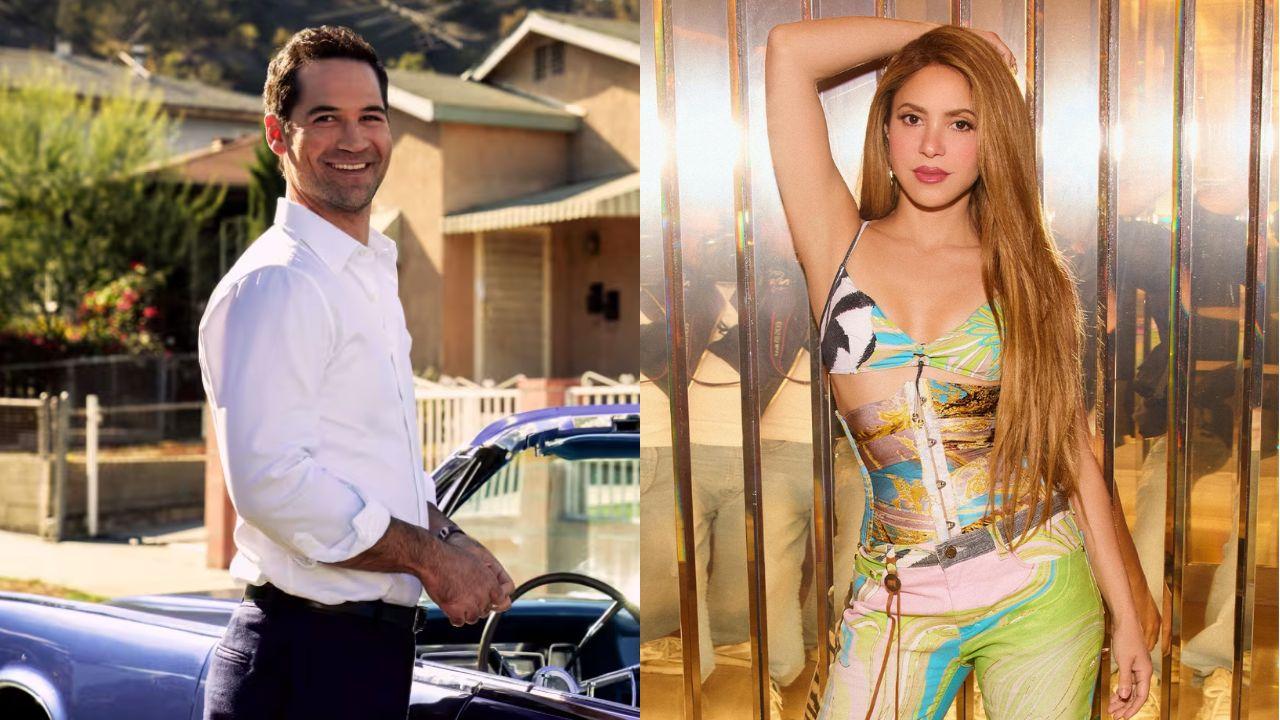 Montagem de duas fotos. Ator Manuel, homem branco, cabelo preto curto, usando camisa branca na frente de um carro. E Shakira, mulher branca, cabelo ruivo liso solto, usando roupas coloridas.