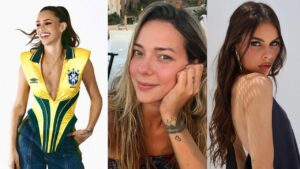 Montagem de três fotos das mães dos filhos de Neymar. Bruna, Carol e Amanda.