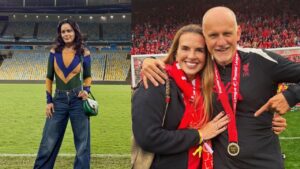 Montagem de duas fotos. Mostra Luciele Camargo e Andrea Taffarel.