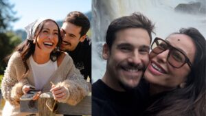 Montagem de duas fotos de Sabrina Sato e Nicolas Prattes sorrindo.