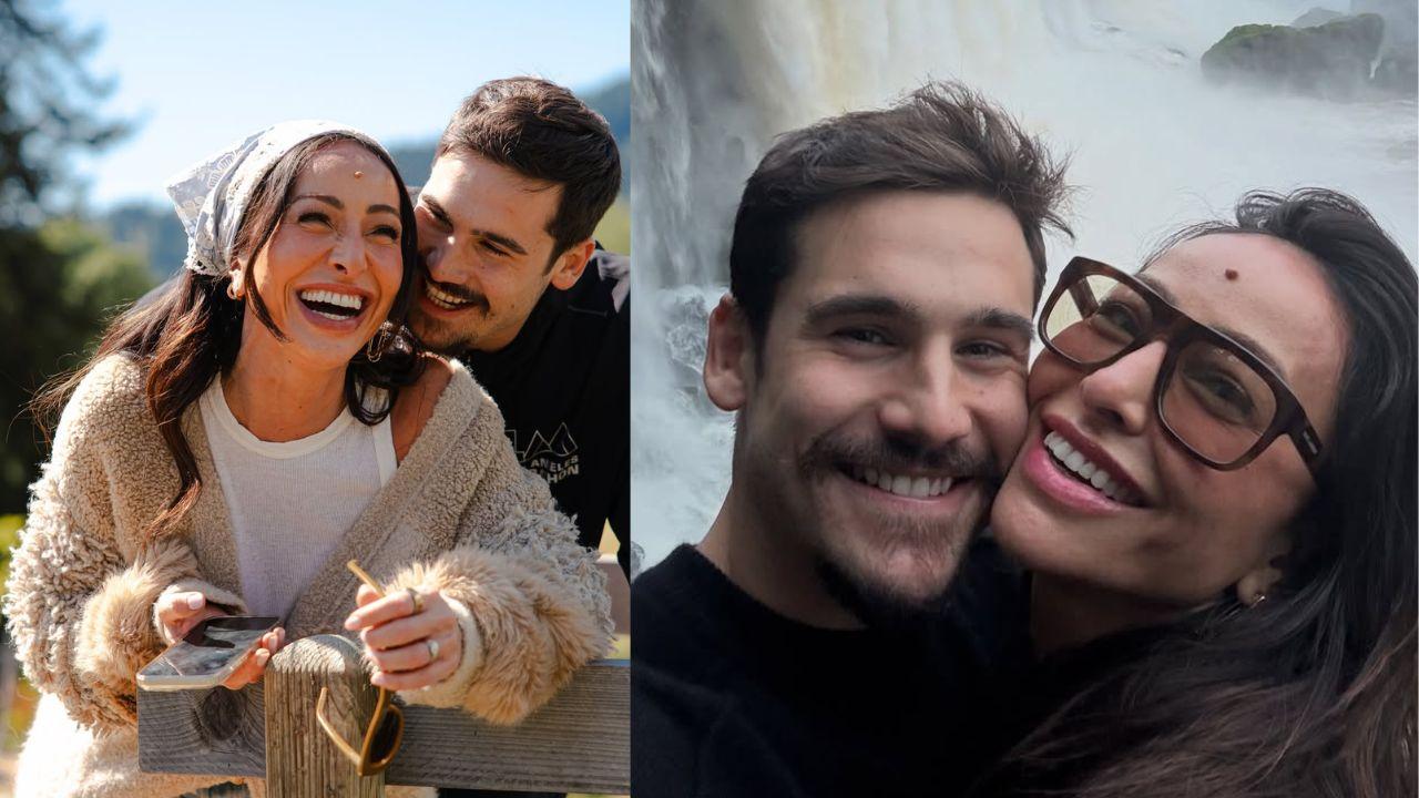 Montagem de duas fotos de Sabrina Sato e Nicolas Prattes sorrindo.