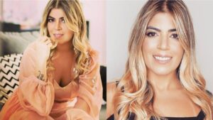 Montagem de duas fotos da Bruna Surfistinha. Mulher branca, cabelo loiro curto.