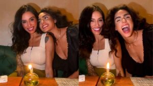 Montagem de duas fotos da Aline Calandrini e sua noiva Stéphanie de Paula. Duas mulheres brancas, cabelos castanhos, sentadas numa mesa em um restaurante.