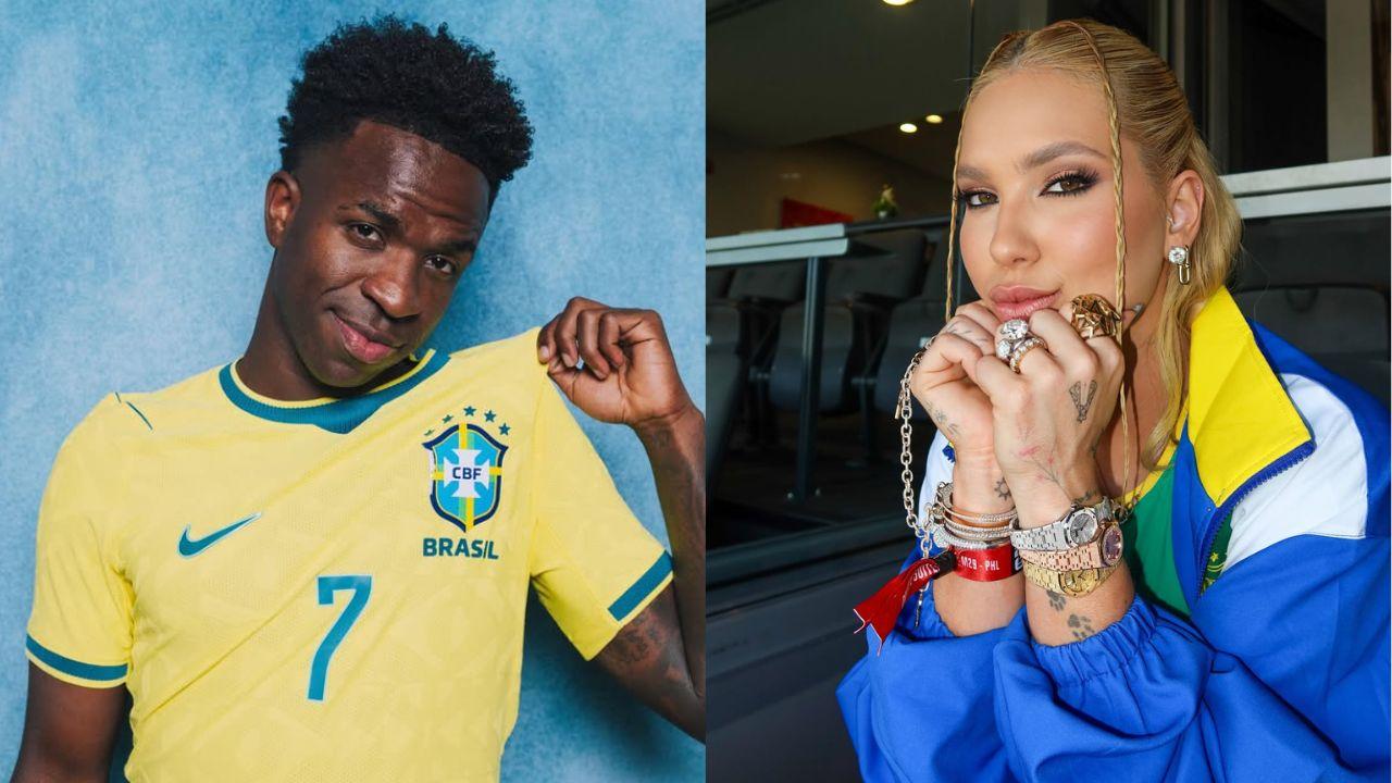 Montagem de duas fotos do Vini Jr e Virginia com roupas do Brasil.