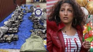 Montagem de duas fotos. À esquerda, as substâncias encontradas pela polícia com a atriz; à direita, a atriz Emaa Hussen
