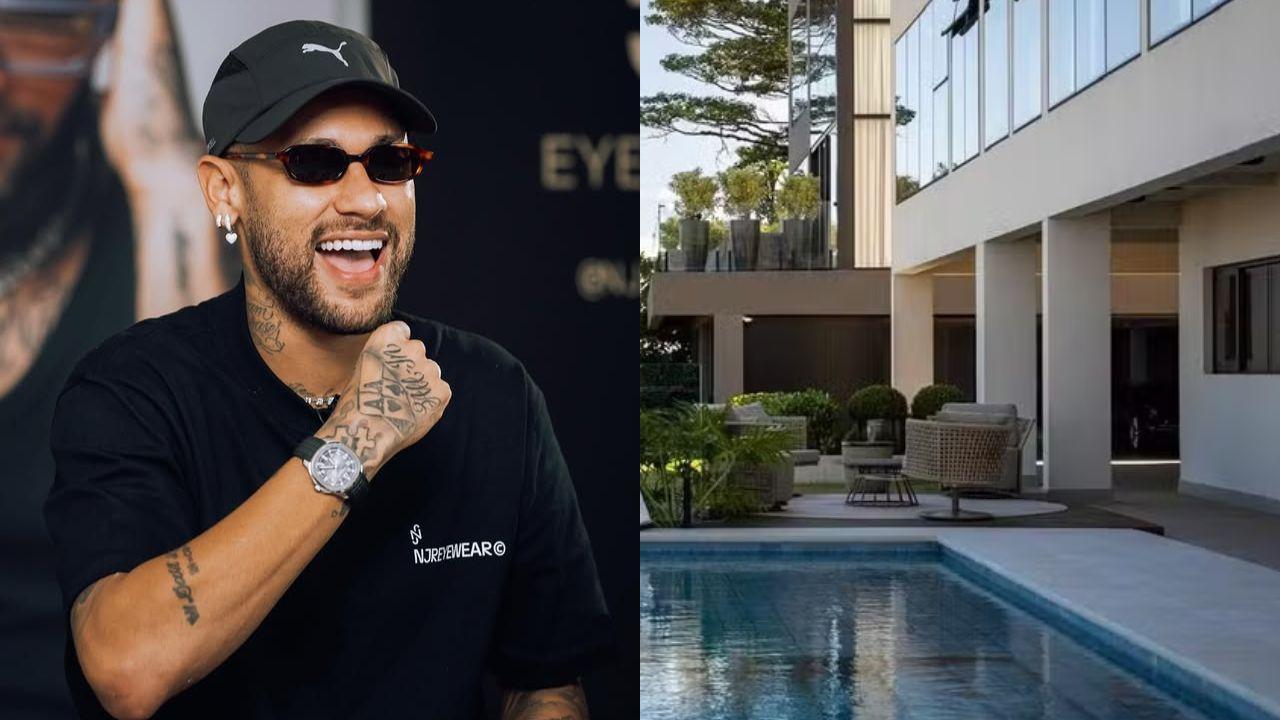 Montagem de duas fotos. À esquerda, Neymar; à direita, piscina da mansão de Neymar