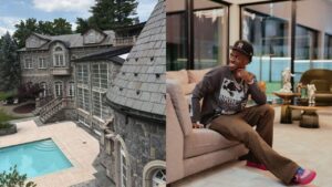 Montagem de duas fotos. À esquerda, a mansão castelo que a família de Vini Jr. está hospedada; à direita, o jogador