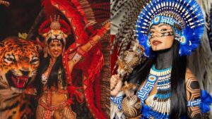 Duas fotos. Em cada uma, mostra Isabelle Nogueira vestida de Boi Garantido e Marciele Albuquerque de Boi Caprichoso.