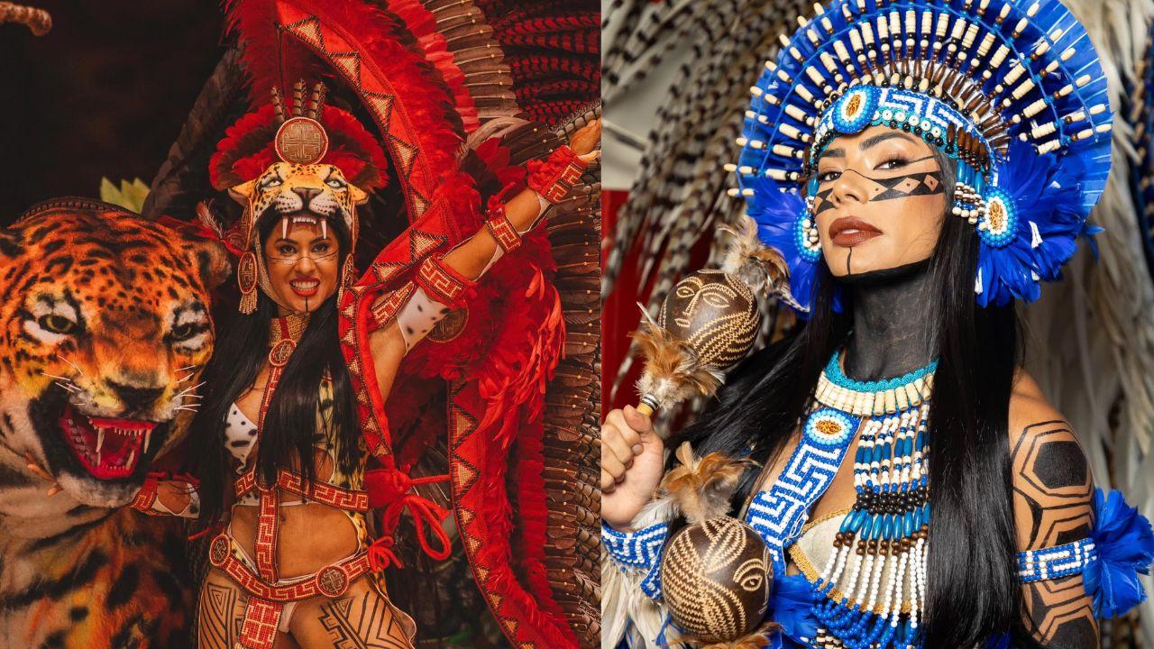 Duas fotos. Em cada uma, mostra Isabelle Nogueira vestida de Boi Garantido e Marciele Albuquerque de Boi Caprichoso.