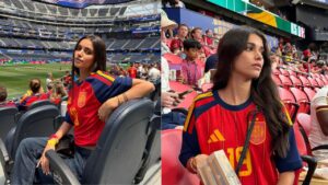 Duas fotos mostrando Inés García. Mulher branca, cabelo preto, usando a camiseta da seleção da Espanha.