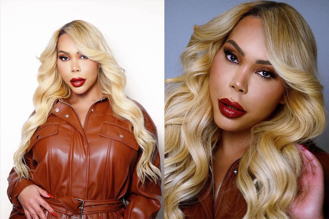 Duas fotos da influencer Suellen Carey. Mulher branca, cabelo loiro, usando jaqueta de couro marrom.