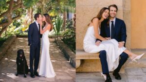 Montagem de duas fotos mostrando o casal Paul Wesley e Natalie Kuckenburg. Homem branco, cabelo castanho curto, de terno. Mulher branca, cabelo castanho médio com vestido de noiva simples.