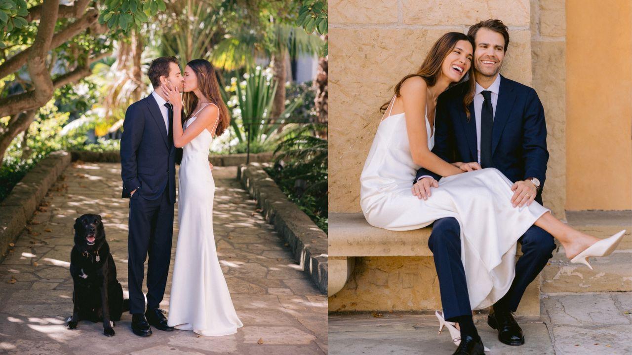 Montagem de duas fotos mostrando o casal Paul Wesley e Natalie Kuckenburg. Homem branco, cabelo castanho curto, de terno. Mulher branca, cabelo castanho médio com vestido de noiva simples.