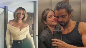 Montagem de duas fotos mostrando Beyonce e Agatha Moreira e Rodrigo Simas.