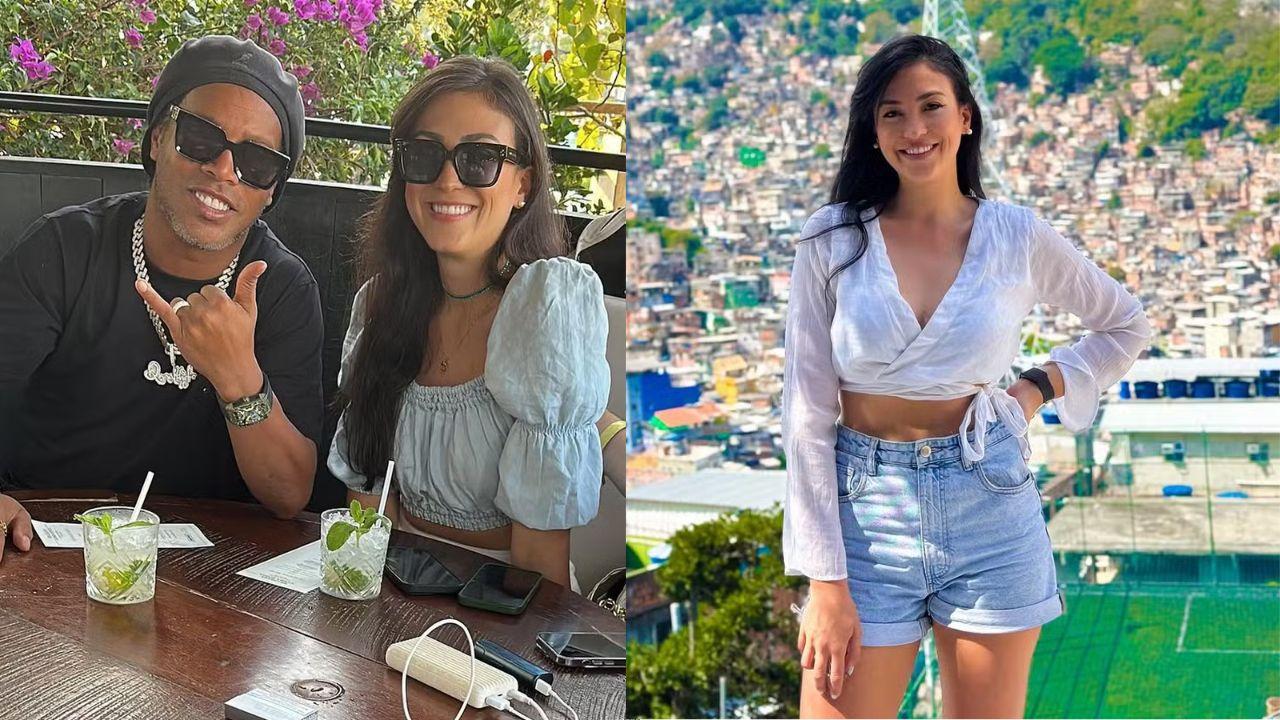 Montagem de duas fotos mostrando Ronaldinho Gaúcho e a namorada.