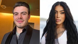 Montagem de duas fotos mostrando Mc Mirella e Thomaz Costa.