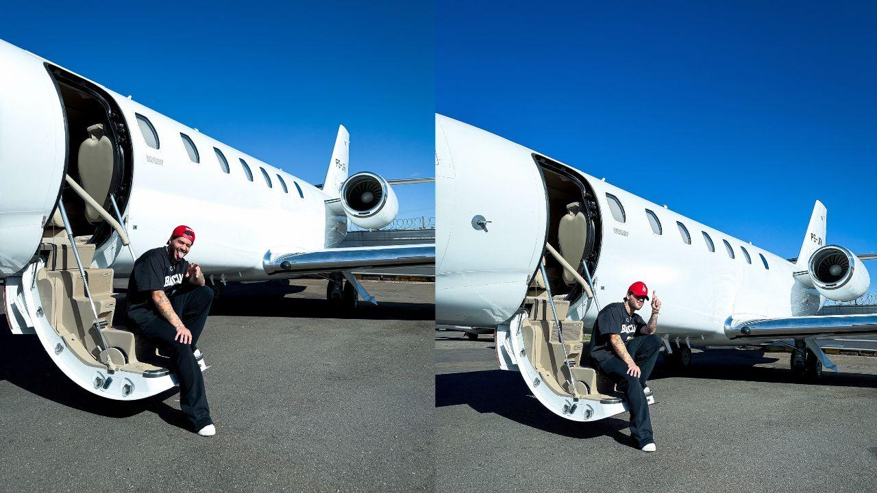 Duas fotos mostrando Zé Felipe ao lado do seu avião.