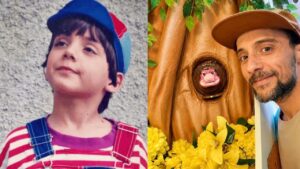 Montagem de duas fotos do ator Fredy Állan. Na primeira, ele está jovem de Zequinha, na segunda é ele atualmente, ao lado da Celeste do programa.