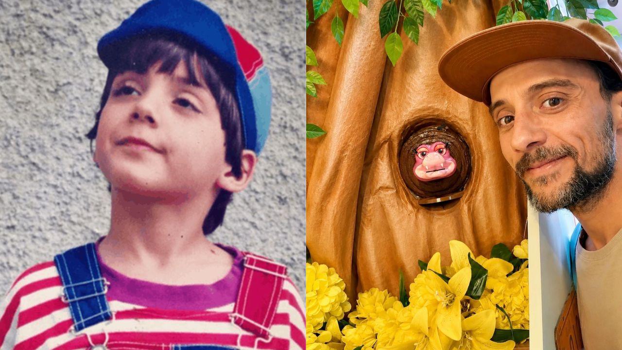 Montagem de duas fotos do ator Fredy Állan. Na primeira, ele está jovem de Zequinha, na segunda é ele atualmente, ao lado da Celeste do programa.