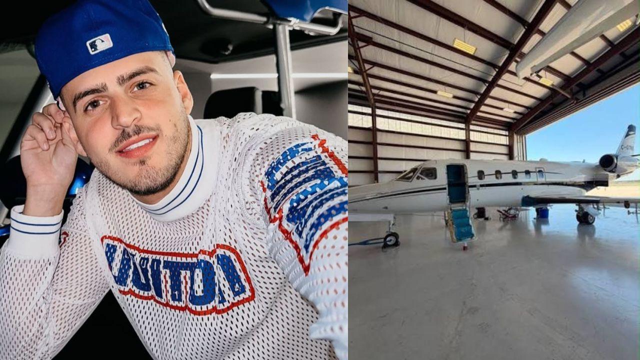 Duas fotos mostrando o Jon Vlogs, homem branco, jovem, sorrindo, usando boné, blusa branca e ao lado tem o jatinho.