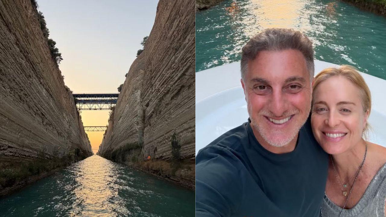 Duas fotos mostrando o canal na Grécia e Angélica e Luciano Huck.