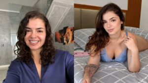 Duas fotos mostrando a miss Bumbum Kerolay Chaves.