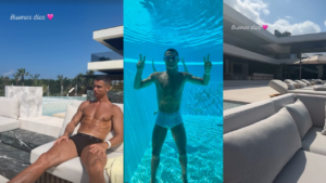 Cristiano Ronaldo surgiu aproveitando dias de descanso na nova mansão da família em Portugal.