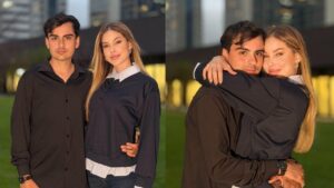 Duas fotos mostrando Saory Cardoso e Dudu Camargo abraçados juntos.