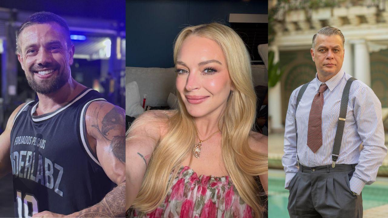 Três fotos. Rafael Cardoso, Fabio Assunção e Lindsay Lohan.