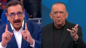 Duas fotos mostrando Ratinho e Galvão Bueno.