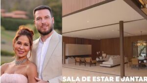 Maíra Cardi e Thiago Nigro ao lado da fachada da mansão.