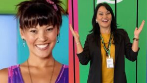 Montagem de duas fotos de Geovanna Tominaga, antes e depois, mais nova e mais velha atualmente.