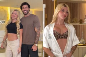 Montagem de duas fotos de Jesus Luz e sua namorada Rafaela Mesquita